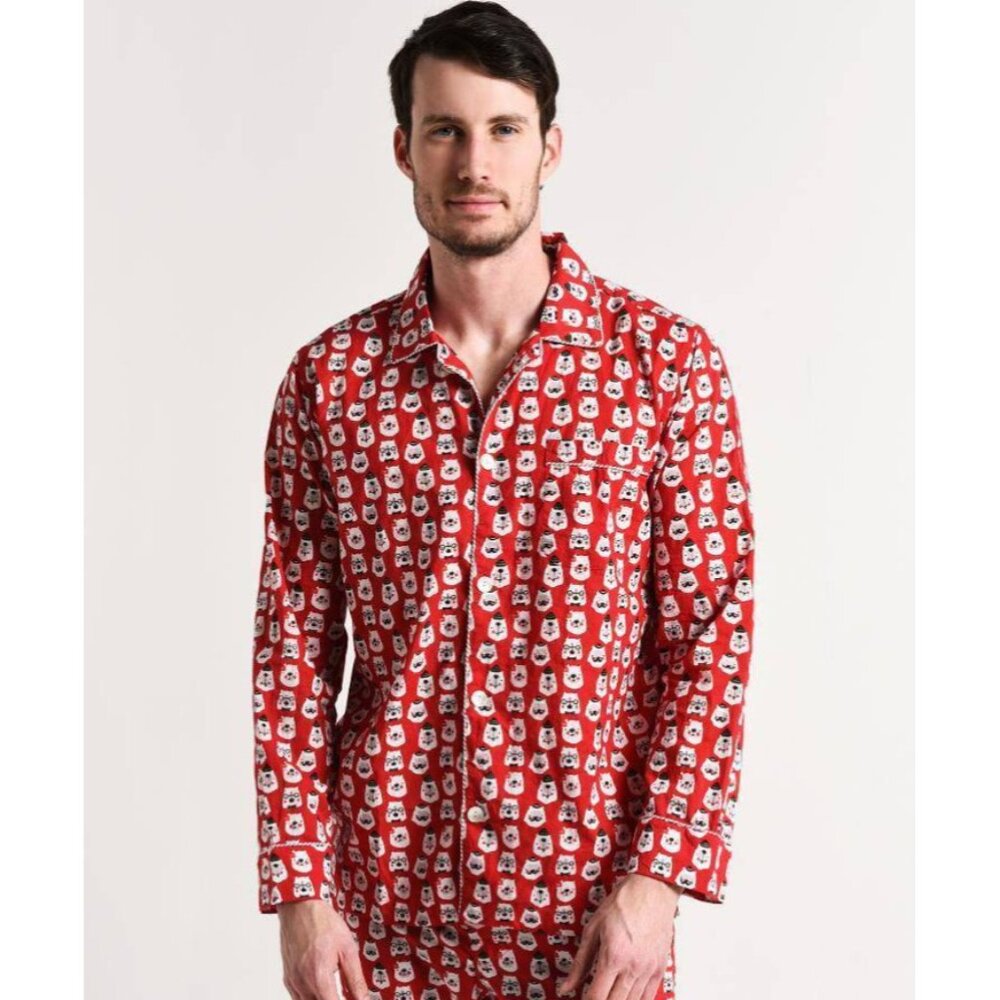 Roller Rabbit Mens Bearry Holiday Pajama Top‎ Button Up Piping Detail Red Medium
